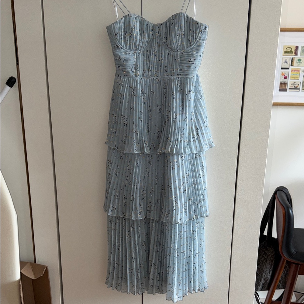 Self-Portrait Light Blue Tiered Pleated Midi Dress with Floral Detail